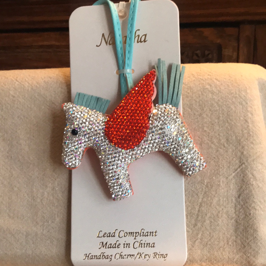New - Sparkly Horse With Sparkly Red Wings Bag Charm.